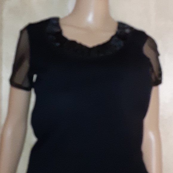 ALBERTO MAKAI Designer Top Sheer Sleeves Shirred Satin Neckline BLACK Size M - Picture 4 of 8